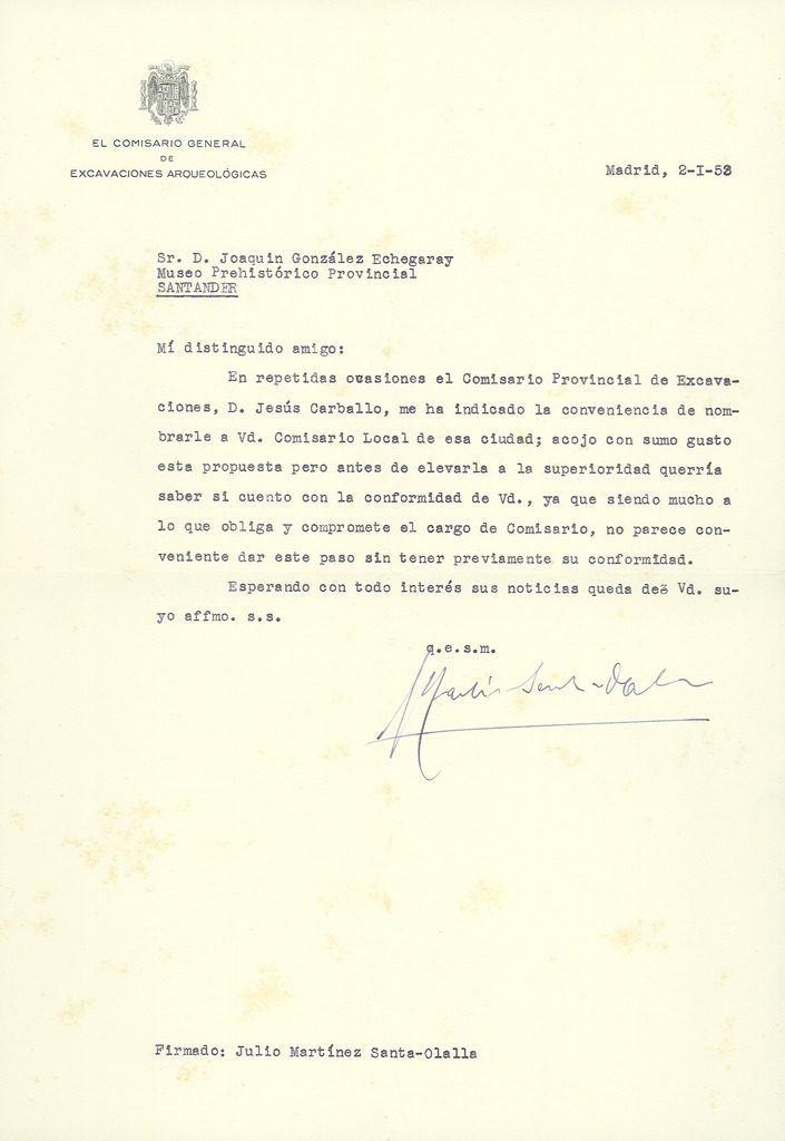 Carta de Julio Martínez Santa Olalla a Joaquín Carballo